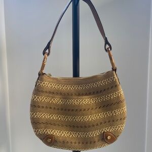 Eric Javits Shoulder Handbag, Straw Brown/Tan Leather accents